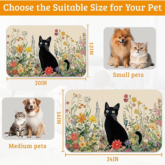 Dog Bowl Mat,Cat Black Pet Feeding Mat for Floors Waterproof,Color Flowers Absorbent Dogs Placemat for Food and Water Quick Dry Pet Cat Feeding Mats with Non Slip Bottom 16" x 24"