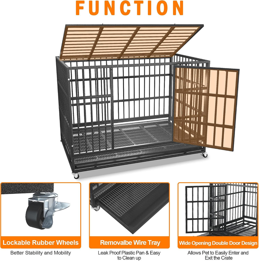 BOLDBONE 48 inch Heavy Duty Indestructible and Escape-Proof Dog Crate Cage Kennel for Large Dogs, High Anxiety Dog Crate with Removable Wire Trays and Wheels, Extra Large XL XXL, Black