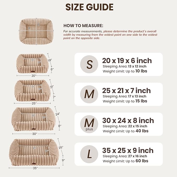 Washable Dog Bed for Small Medium Dogs - Rectangle Orthopedic Corduroy Fleece Pet Bed with Removable Cover and Nonskid Bottom, Calming Puppy Bed Soft Pet Sofa, Camel(30x24x8inchs)