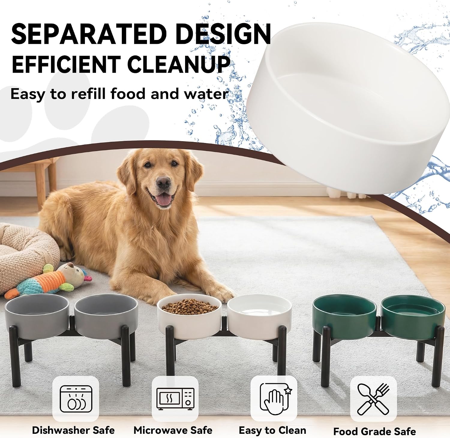 Raised Ceramic Dog Bowl Set with Stand, 7.5 Cups Elevated Dog Food Stand | 8.4'' Double Dog Food and Water Bowl Set, Non-Slip Dog Feeding Dishes for Small Breeds and Cats, 59.2 OZ, White