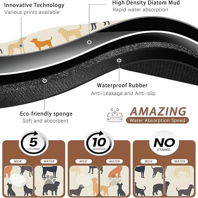 Cute Dog Cat Food Mat,Color Silhouette Absorbent Pet Feeding Mat with Rubber Backing,Non-Slip Water Bowl Placemat,Indoor Pet Accessories Supplies 16"x24"