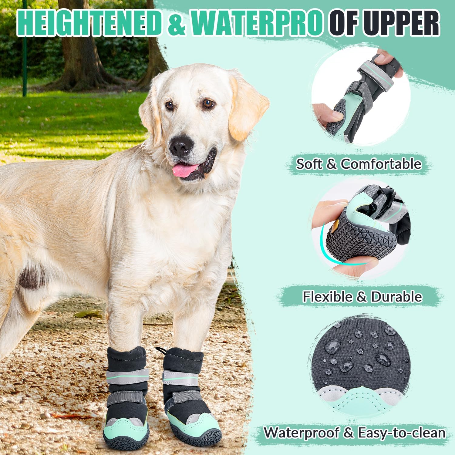 SlowTon Dog Boots - High Top Waterproof Warm Fleece Lined Dog Winter Shoes | Dog Snow Booties with Non-Slip Rubber Sole for Outdoor Walking Hiking Rain, Paw Protector for Large Small Medium Dog, Green 2