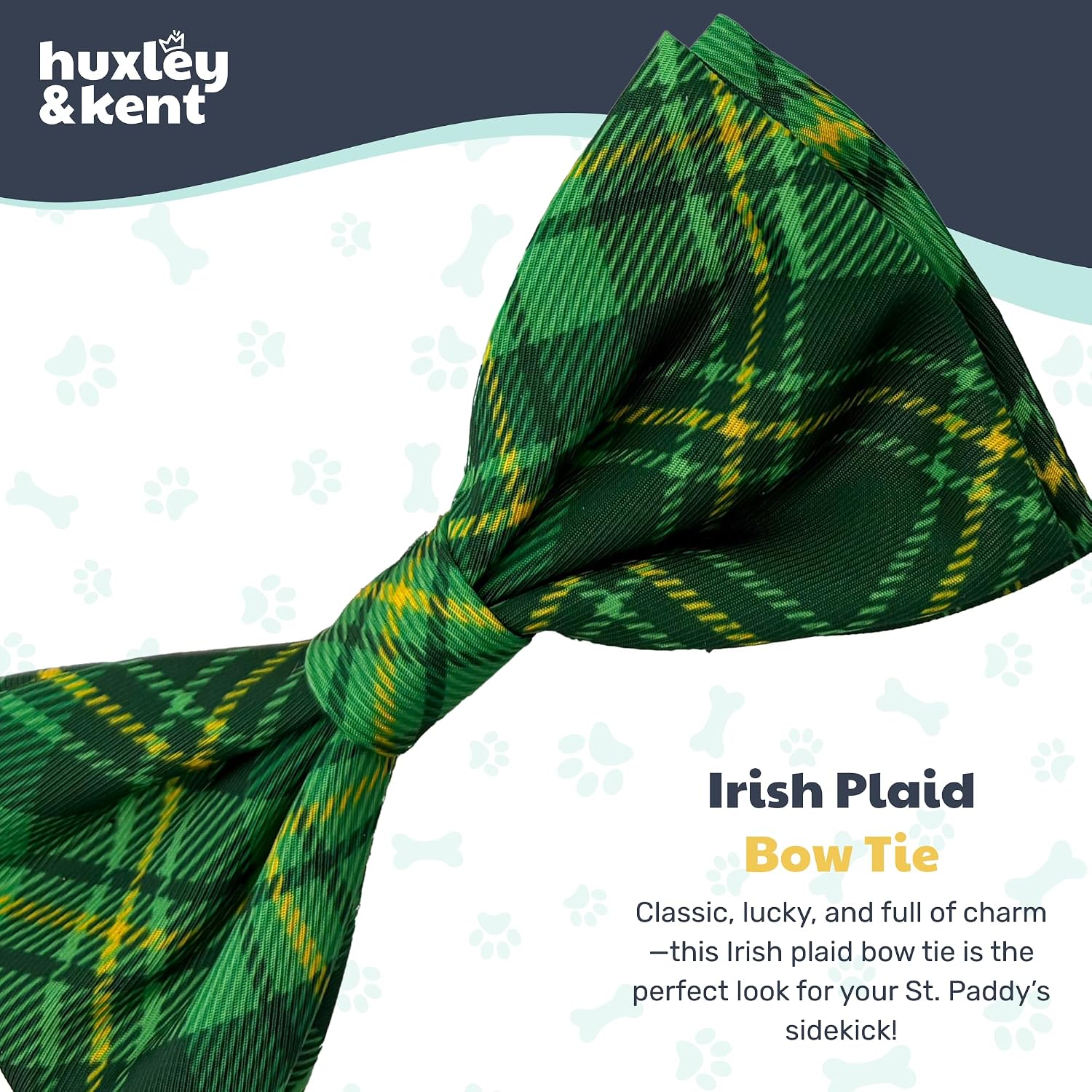 Huxley & Kent Pet Bow Tie for Dogs & Cats, Irish Plaid, Small/Medium | Hook & Loop Attaches to Any Collar, Soft Polyester, Lightweight & Machine Washable, Perfect for Holidays & Photos