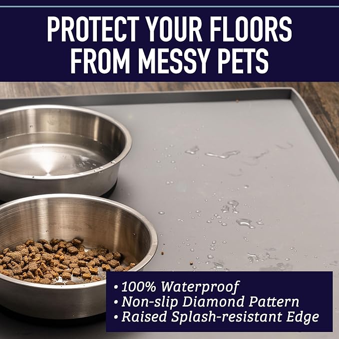 Leash Boss Dog Food Mat - Waterproof Cat & Dog Bowl Mat for Food and Water, Silicone Pet Feeding Mats for Floors, Non-Slip Placemat with High Edges, Puppy Essentials (Small: 18"x11", Navy)