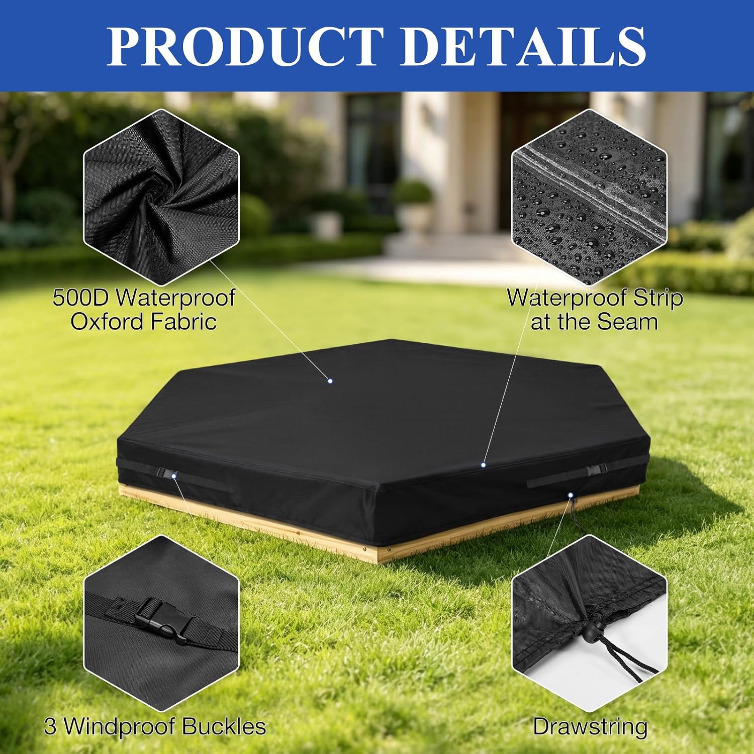 Kasla Hexagon Sandbox Cover, Custom Cover | Heavy Duty, Waterproof, Fits Large Sand Pit & Outdoor Wooden Sandbox for Toddlers Patio Backyard Garden Play