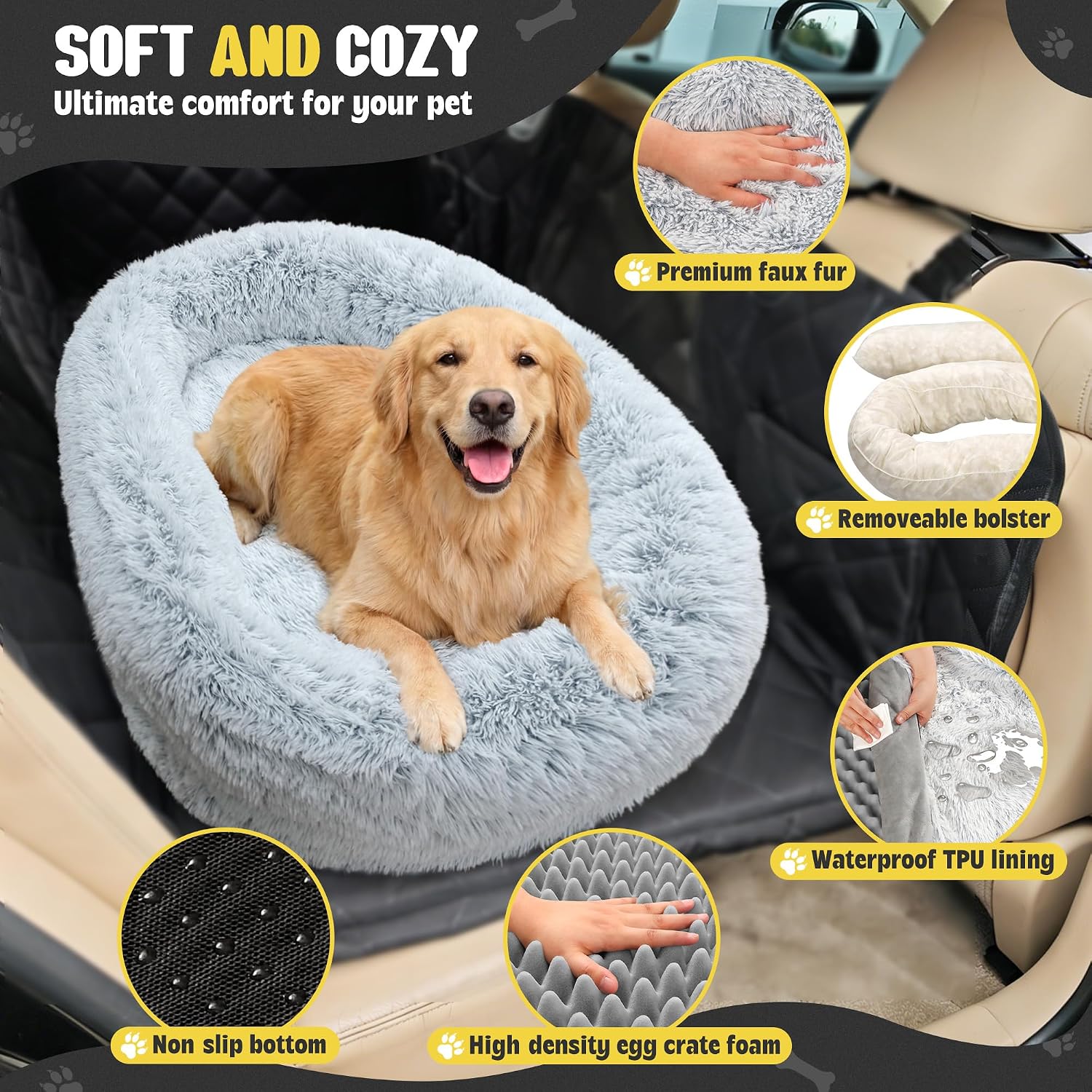 Loiion Orthopedic Car Dog Bed for Large Dogs, Waterproof Faux Fur Calming Travel Bed, Non-Slip Washable Backseat Bed for SUV & Sedan | Joint Support for Senior/Arthritic Pets