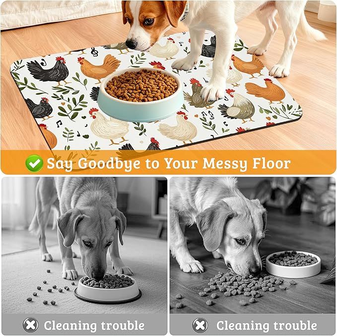 Dog Bowl Mat,Chickens Roosters Pet Feeding Mat for Floors Waterproof,Plants Leaf Absorbent Dogs Placemat for Food and Water Quick Dry Pet Cat Feeding Mats with Non Slip Bottom 12" x 20"