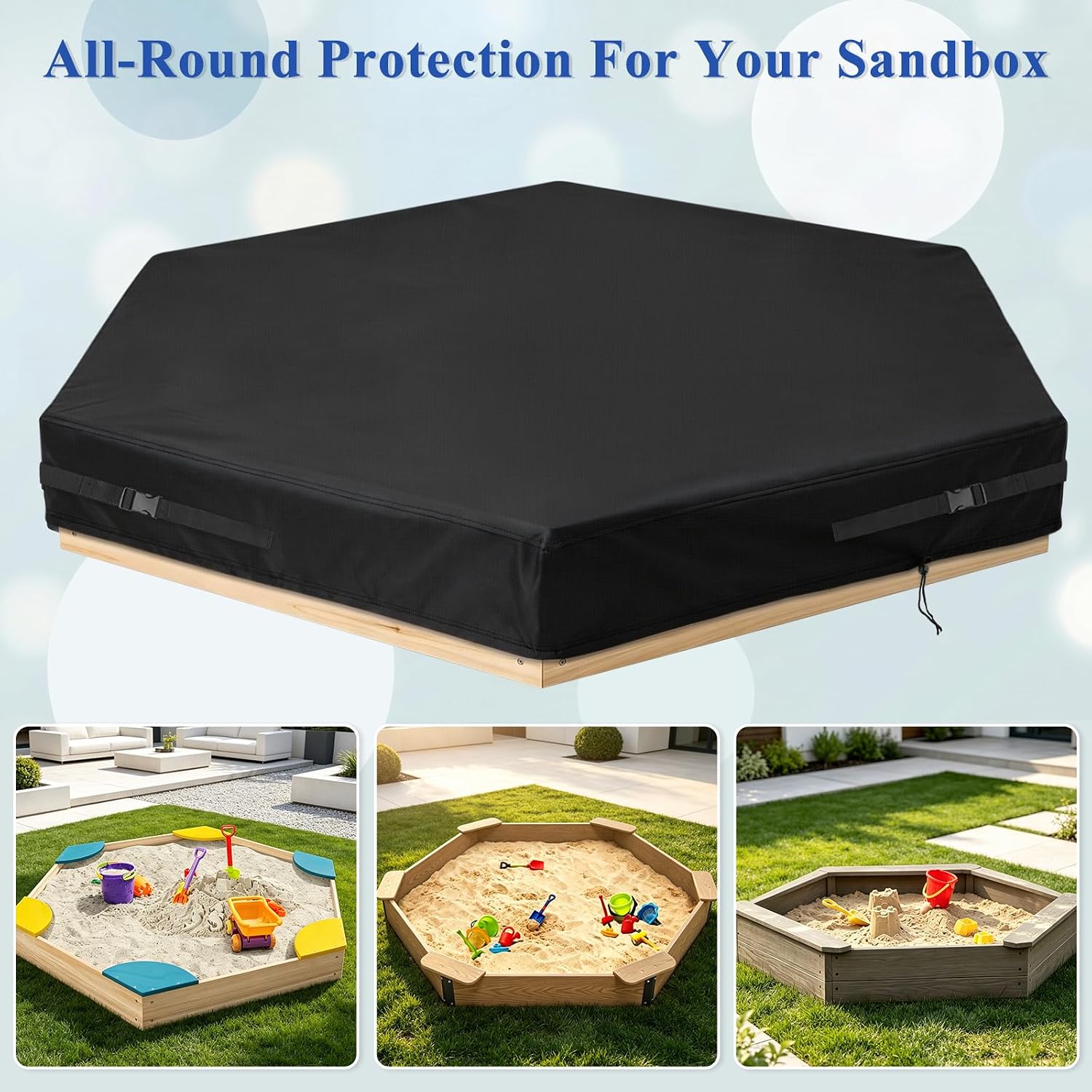 Kasla Hexagon Sandbox Cover, Custom Cover | Heavy Duty, Waterproof, Fits Large Sand Pit & Outdoor Wooden Sandbox for Toddlers Patio Backyard Garden Play