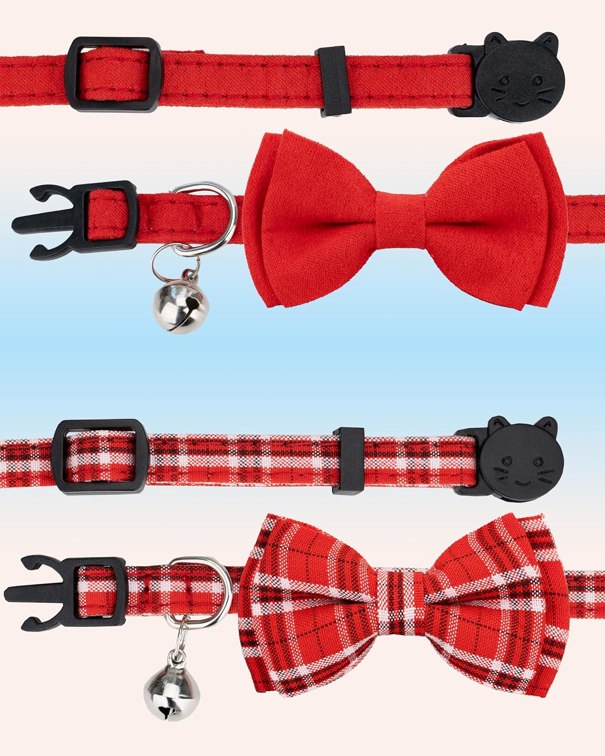 Cat Collar Breakaway Bowtie Safety with Bell Adjustbale Kitten Puppy Solid Plaid Color Set J-[2pcs] Red