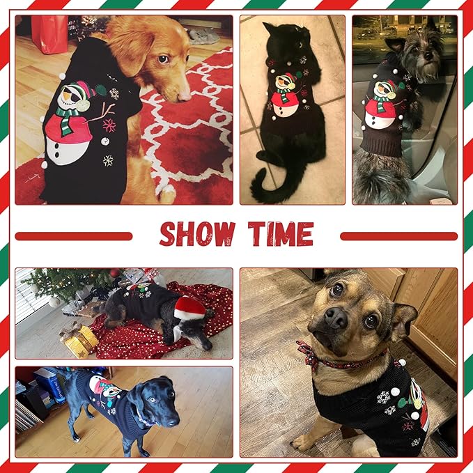 Christmas Dog Sweaters Xmas Pet Outfit Clothes Cute Black Snowman Costume Puppy Cat Knitted Jumpers (XS,Black Snowman)