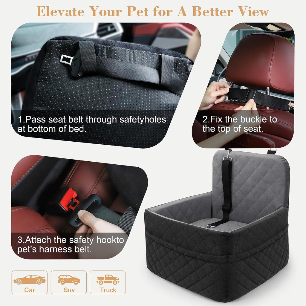Dog Car Seat for Small/Medium Dogs,Pet Dog Booster Car Seat Puppy 15-35 lbs with Soft 4+2in Detachable Pads Detachable Elevated Cushion and Washable Cover Safety Belt Storage Pockets Easy to Install