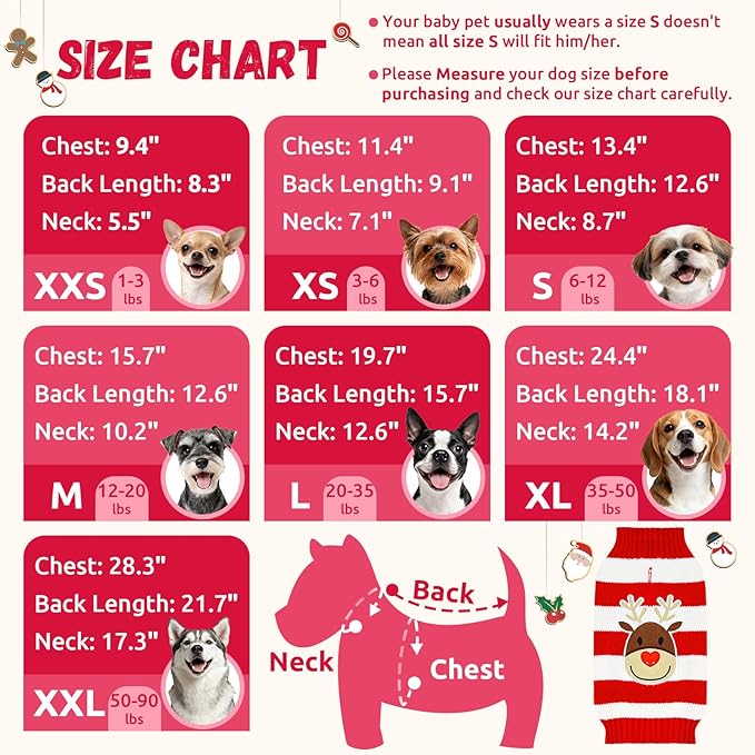 Dog Christmas Sweater Cute Striped Reindeer Xmas Pet Clothes Holiday Puppy Cat Costume New Year Gifts for Small Medium Large Dogs Jumpers (S, Red White Stripe Reindeer)