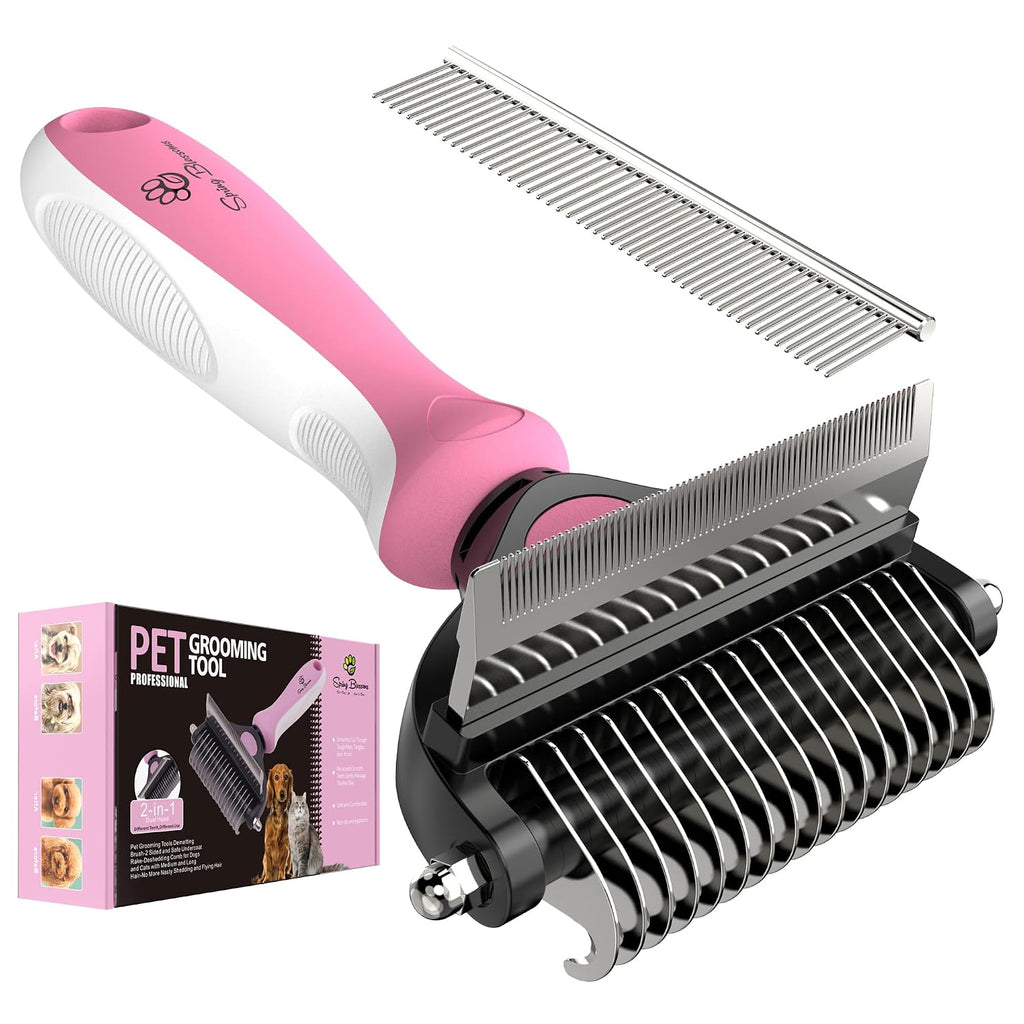 Spring Blossoms-2 in 1 Professional Grooming Rake for Cats & Dogs-Dematting Comb for Easy Mats & Tangles Removing,Pet Brush Safe No More Nasty Shedding and Flying Hair (Purple)