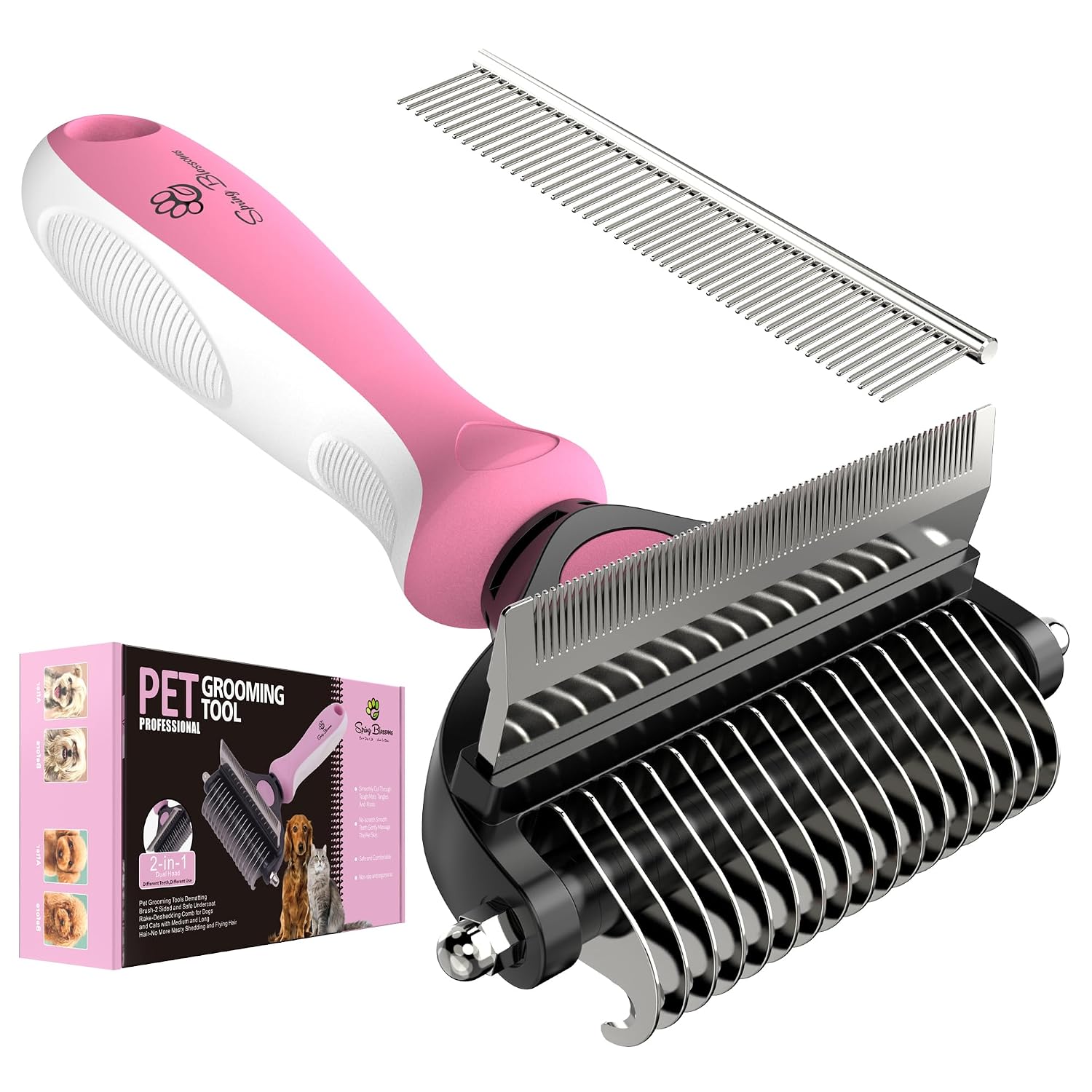 Spring Blossoms-2 in 1 Professional Grooming Rake for Cats & Dogs-Dematting Comb for Easy Mats & Tangles Removing,Pet Brush Safe No More Nasty Shedding and Flying Hair (Purple)