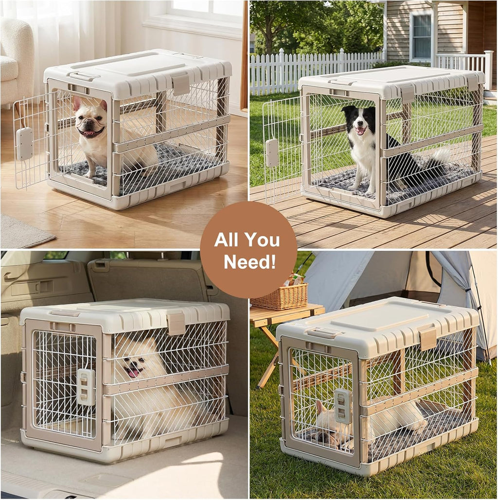 ZOMISIA Collapsible Dog Crate with Bed Mat, 28'' Dog Kennel for Medium Dogs | Foldable Portable Dog Kennel for Travel,Tool-Free Assembly,2 Rolling wheels & Handles for Indoor & Outdoor Use,Washable Cover