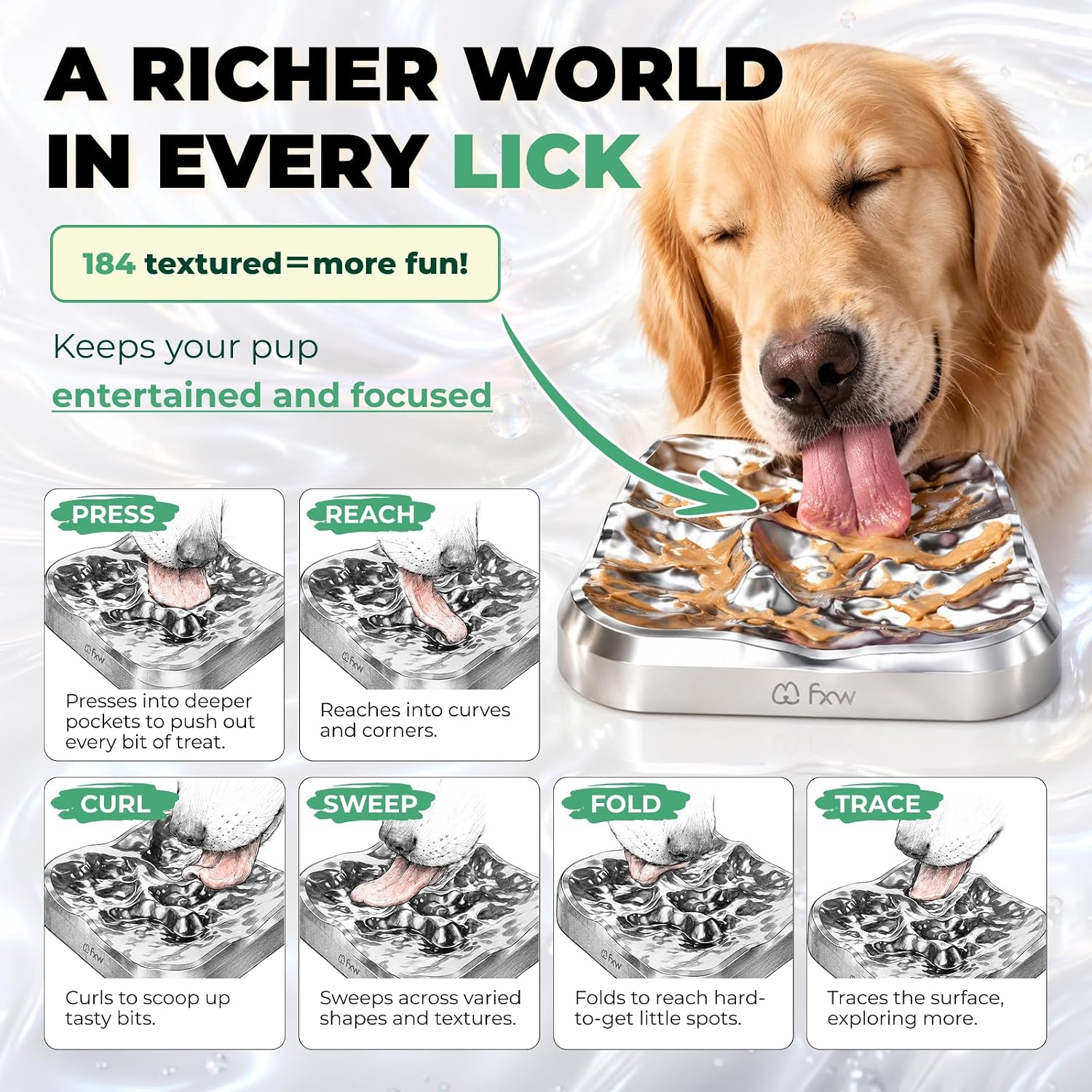 FXW IntoFlow Stainless Steel Dog Lick Mat, Patent Pending | Dishwasher Safe, Durable 304 Stainless Steel, 184 Textured Grooves, Grooming Support, For Soft Treats