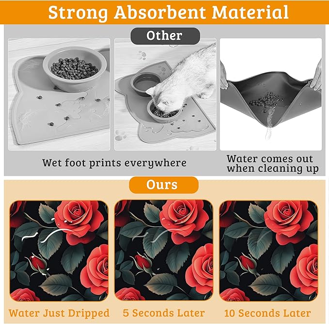 Retro Rose Feeding Mat,Green Leaf Absorbent Quick-Dry Cat Dog Food and Water Bowl Mats,Non-Slip Rubber Backing Mat,Cat Dog Accessories Supplies 16" x 24"