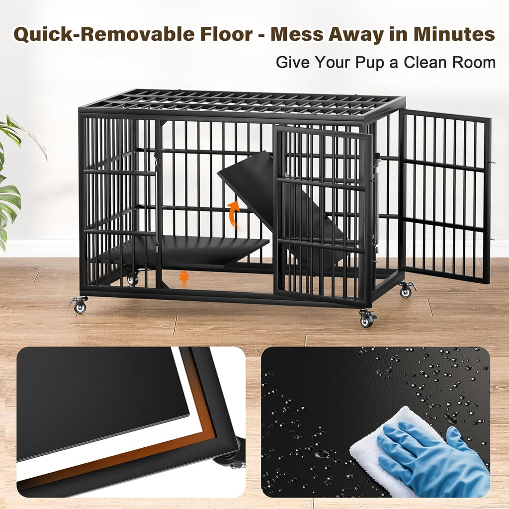 VERIFURTY 48 Inch Heavy Duty Dog Crate for Large Dogs with Self-Locking Latch, Escape-Proof Steel Kennel Indoor, XL Large Double Door Metal Pet Cage with Wheels