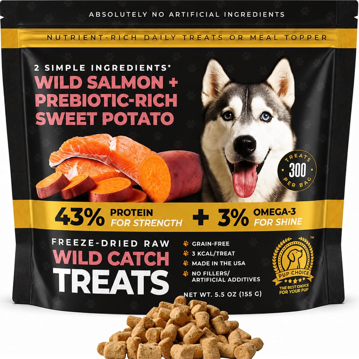 Freeze-Dried Raw Salmon Dog Treats - Single Protein, Grain-Free | Wild-caught salmon with sweet potato and omega-3; no fillers; training reward or kibble topper