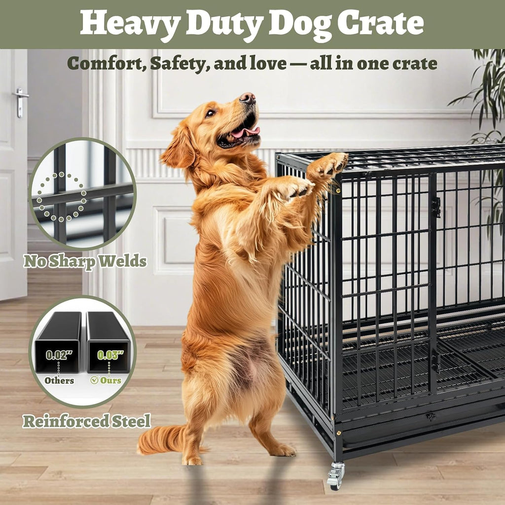Heavy Duty Large Dog Crates for Large Dogs with Wheels, 47 Inch Metal Wire Stackable Dog Crate Cage with 2 Removable Trays, Multi Locks, Chew Proof Escape Proof Dog Kennel Indoor