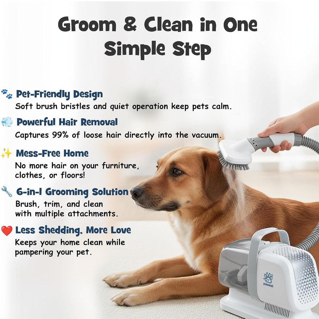 7-in-1 Dog & Cat Grooming Vacuum - Stop Fur & Anxiety at Grooming Time - with Quiet Dog Nail Grinder, Deshedding Dog Brush & Dog Hair Trimmer, Pet Hair Vacuum, 2L Dustbin