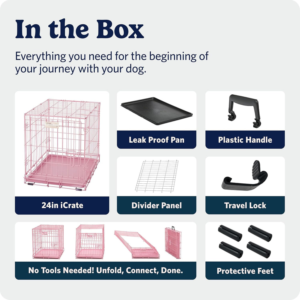 MidWest Homes for Pets 24-Inch Pink Fashion iCrate for Small Breeds, 12-20 lbs, Single Door Folding Dog Crate with Divider Panel, Leak-Proof Tray & Secure Latch, Portable, Durable & Easy to Assemble
