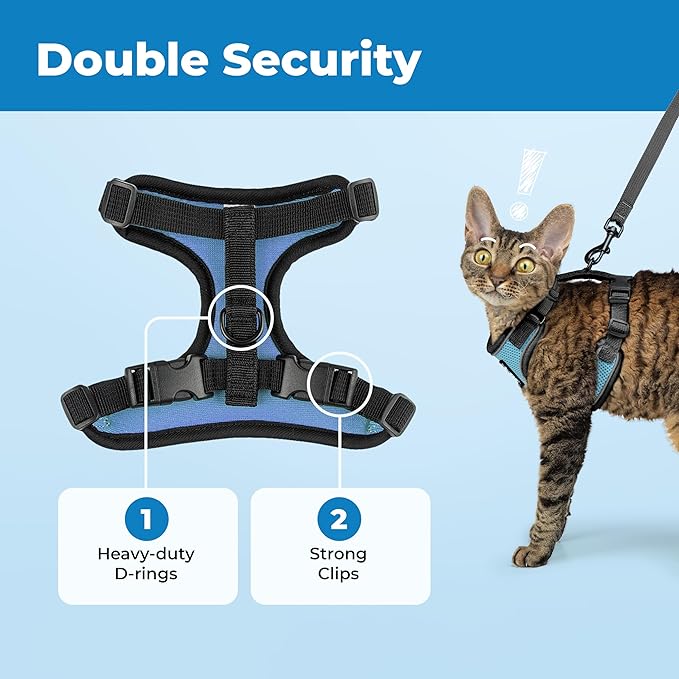 Voyager Escape-Proof Step-in Lock Cat Harness & 5ft Neoprene-Handle Leash Set All-Weather Mesh with Reflective Stitching for Small to Large Cats by Best Pet Supplies, Black Trim-Baby Blue (327), XXXS