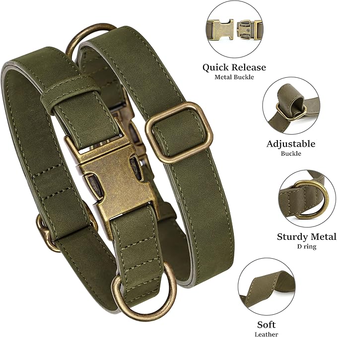 Didog Soft PU Leather Dog Collar, Stylish Quick Released Dog Collars for Small Dogs, Easy Clean Adjustable Pet Collar for Daily Walking, Dark Green, S Fit 10-16" Neck