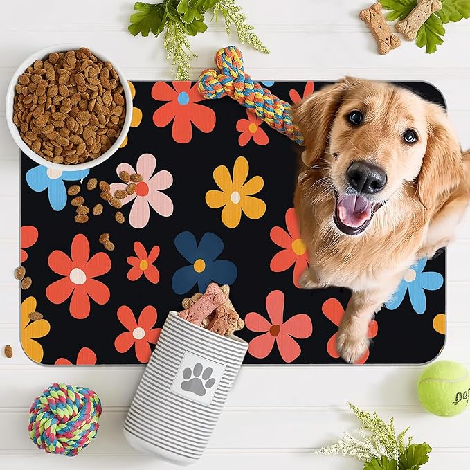 Abstract Groovy Flower Dog Food Mat for Floors,Absorbent Pet Food and Water Bowl Mats,Non-Slip Pet Feeding Mat,Pet Supplies 16" x 24"