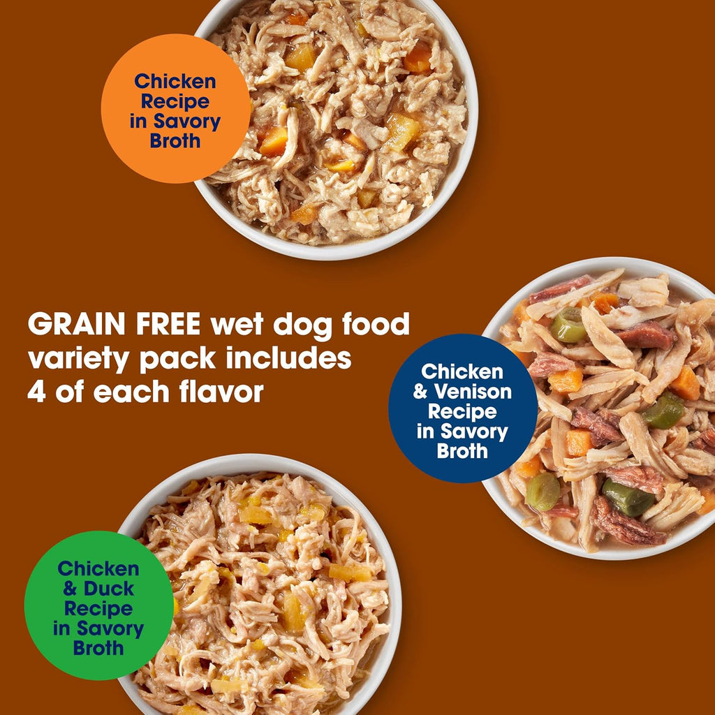 Nature’s Recipe Grain Free Chicken Recipe, Chicken & Venison Recipe and Chicken & Duck Recipe in Savory Broth Variety Pack Wet Dog Food, 12-2.75 oz. Cups, 2 Count