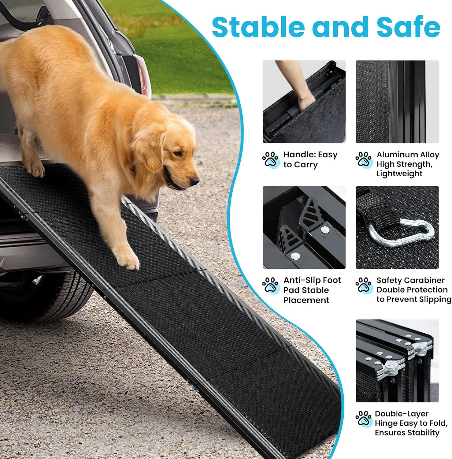 67''L x 17''W Dog Ramp for Car, Folding Portable Pet Stair Ramp with Non-Slip Rug Surface, Extra Wide Dog Steps for Medium & Large Dogs Up to 250LBS Enter a Car, SUV & Truck