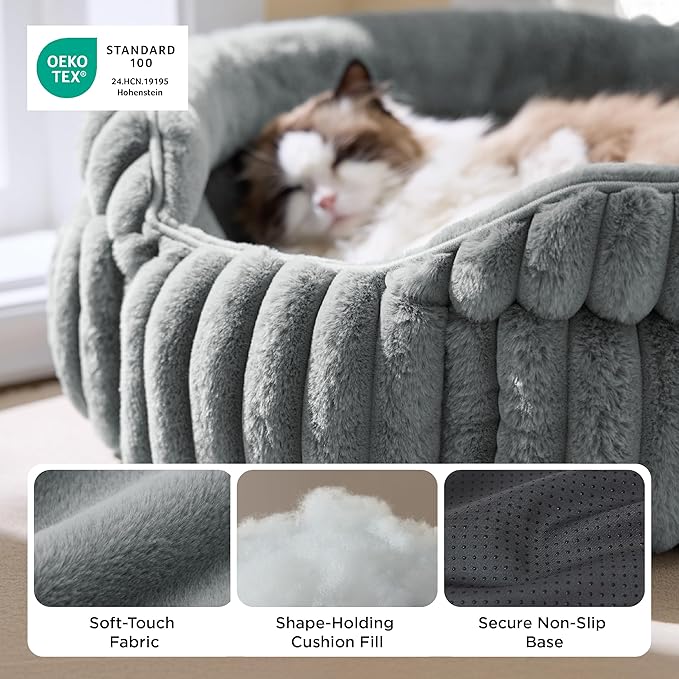 Bedsure ComfyFleece™ Medium Dog Bed, Washable Cute Pet Bed, Super Soft Corduroy Round Cat Bed with Anti-Slip Bottom, 26''x26''x9'', Warm Gray