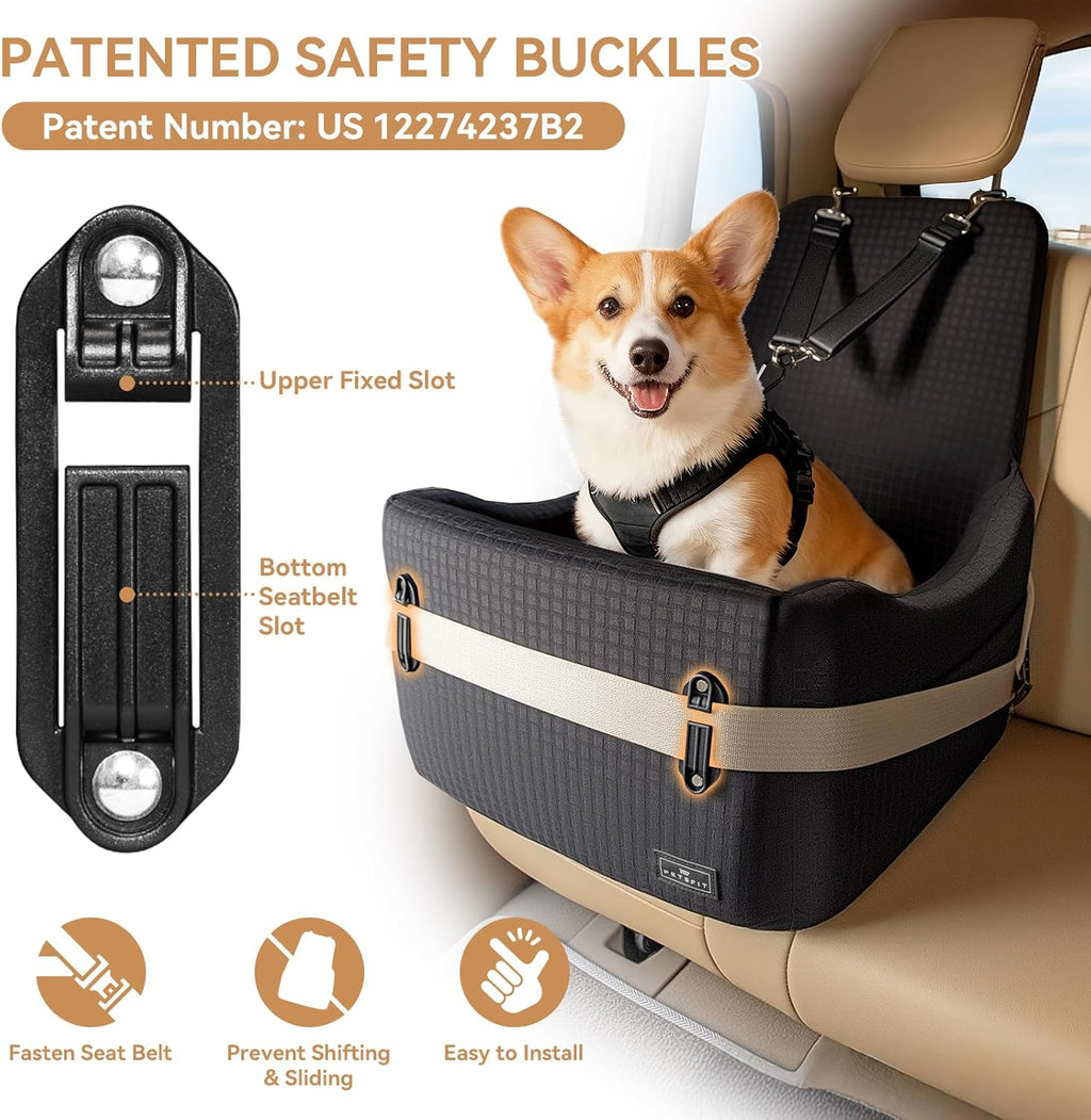 PETSFIT Dog Car Seat with Patented Safety System, 5" Elevated Cushion | Fully Detachable Washable Cover, Memory Foam Dog Booster Car Seat for Small/Medium Dogs Up to 35 Lbs with Safety Belt