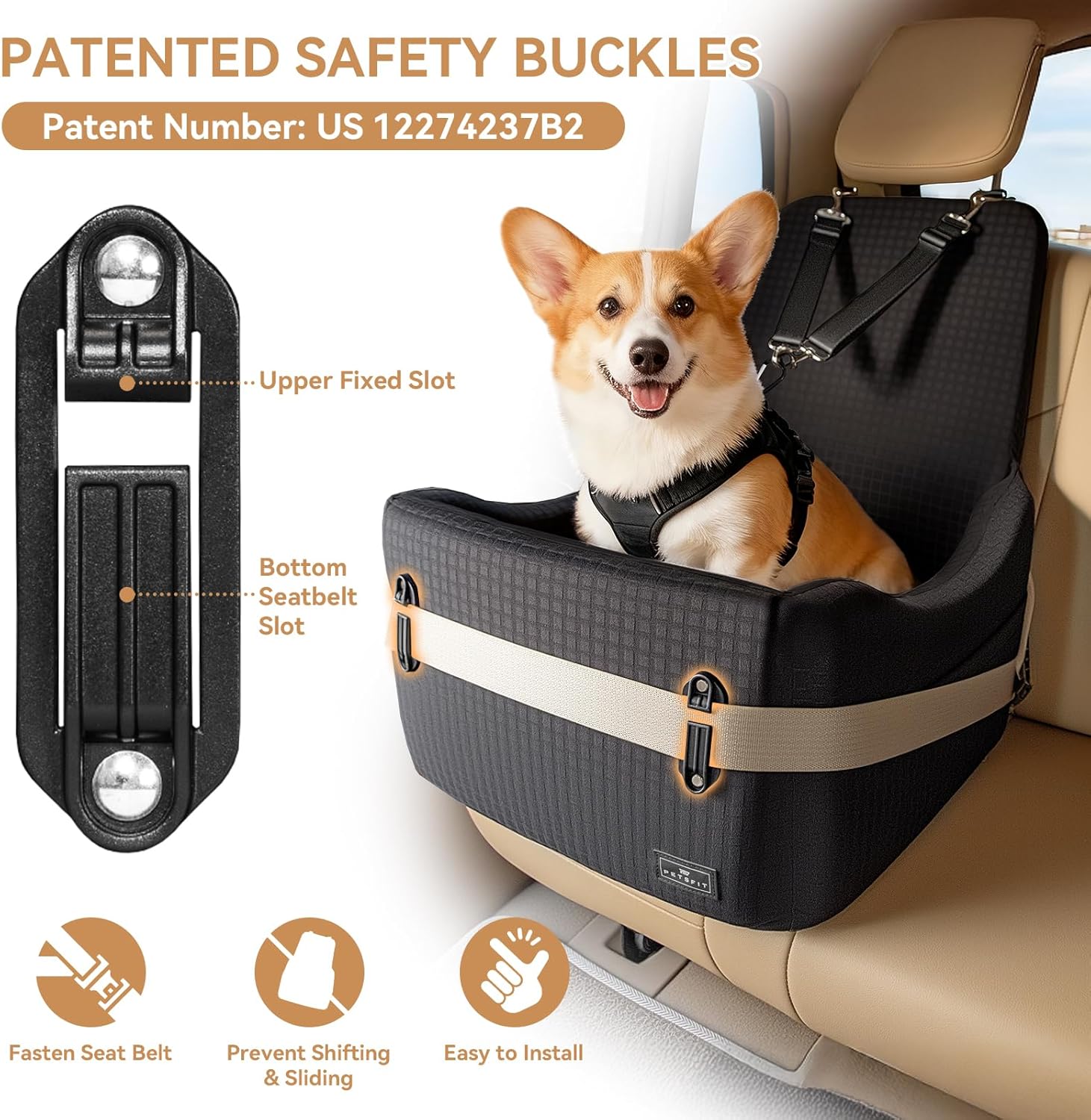PETSFIT Dog Car Seat with Patented Safety System, 5" Elevated Cushion | Fully Detachable Washable Cover, Memory Foam Dog Booster Car Seat for Small/Medium Dogs Up to 35 Lbs with Safety Belt
