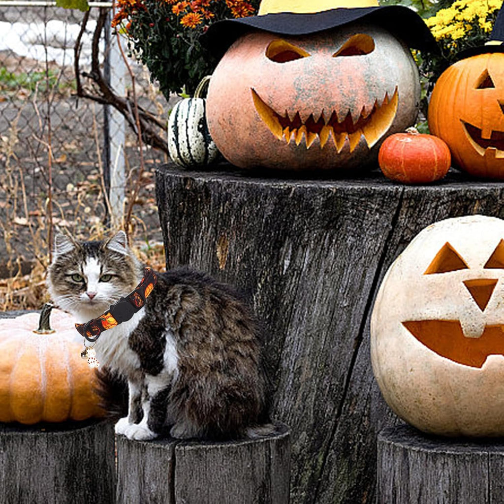 Halloween Cat Collar-2 Pack Pumpkin Print Fall Cotton Breakaway Cat Collars with Bell Pendant Kitten Boy Girl Safety Adjustable Collar for Small Cats Puppy