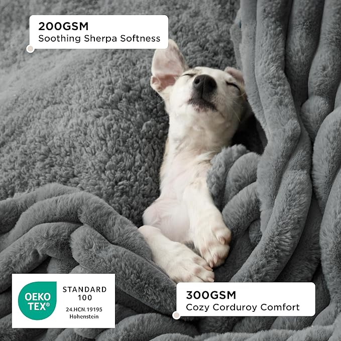 Bedsure ComfyFleece™ Waterproof Dog Blankets for Large Dogs - Soft Pet Cat Blanket Corduroy Fleece for Bed Protector Washable, Cozy Calming Reversible Furniture Protection,60"x80", Warm Grey