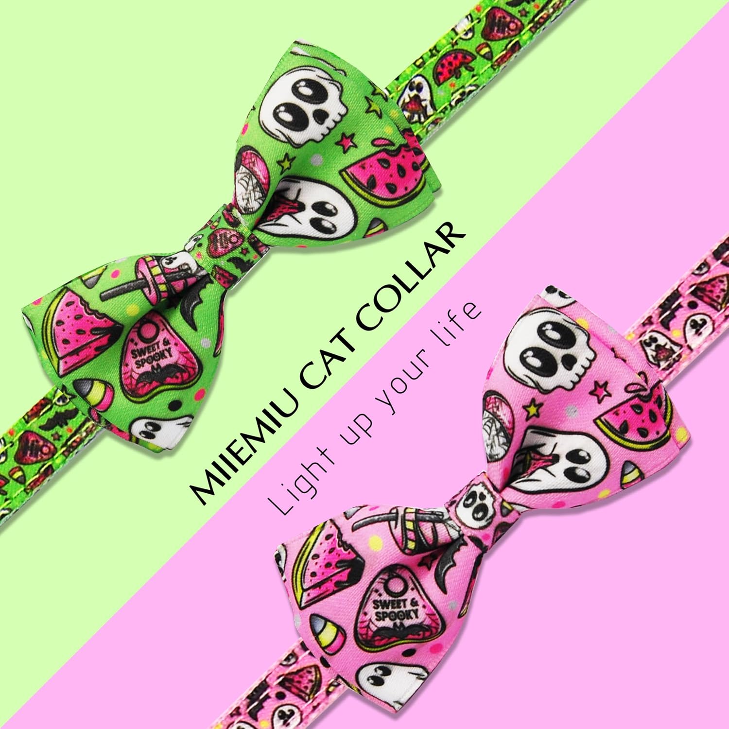 2 Pack Halloween Cat Collar Breakaway Collars with Bow Tie and Bell, Ghost Prints Safety Breakaway Buckle Soft Nylon for Boys and Girls Kitties Kittens