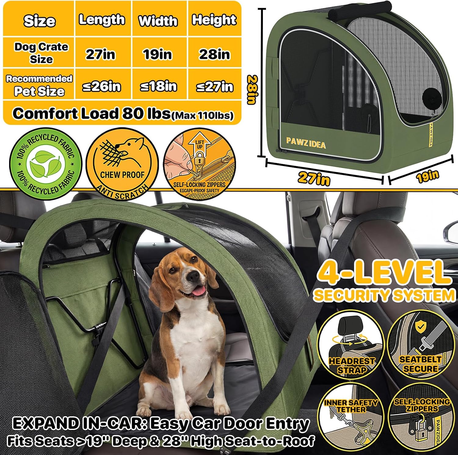 PAWZIDEA Portable Dog Crate for Car Travel, Medium & Large Dogs Up to 80lbs | Soft-Sided Dog Car Kennel for Backseat, Secures Seatbelt & Headrest Strap, Collapsible Enclosed Car Seat Carrier, Chew-Proof