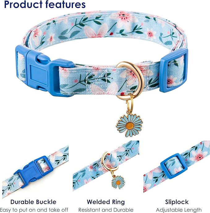 Cotton Dog Collar Blue Flower Pattern for Boys and Girls Cute Dog Collars Summer Fall Gift Adjustable for Small to Medium Breed Dogs (XS)