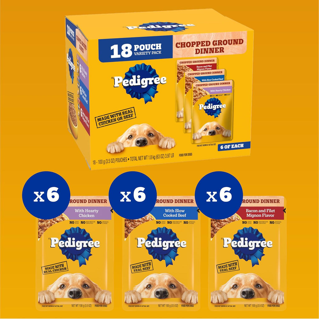 Pedigree Chopped Dinner Wet Dog Food Pouch, Variety Pack, 3.5 oz, 18 Count | Chicken, Beef, Bacon & Filet Mignon, no added sugar, no artificial flavors, serve as topper or complete meal, steam cooked