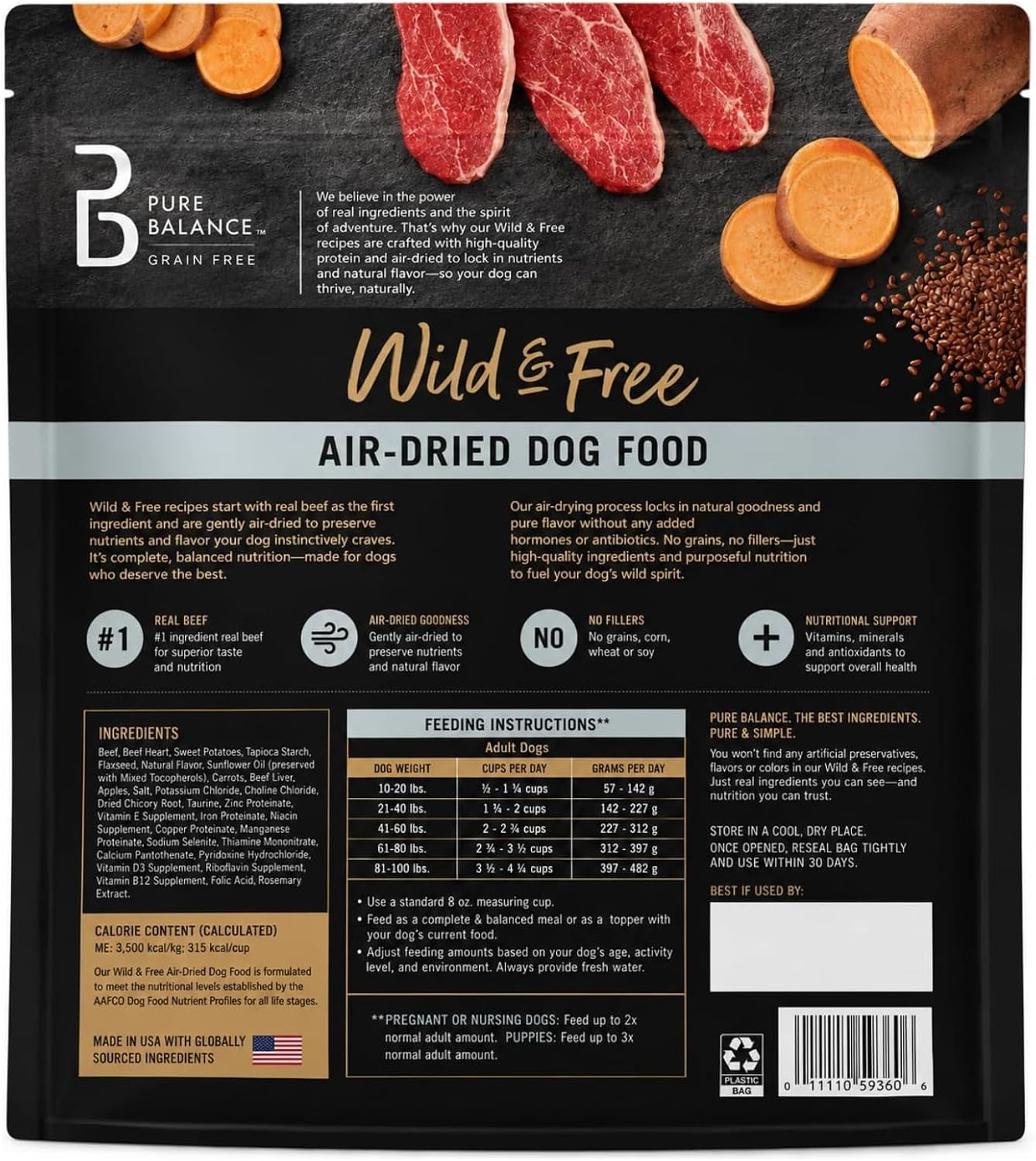 Pure-Balance Air Dried Dog Food Beef Recipe for All Breeds, Grain Free Natural Nutrition with Grassfed Meat, High Protein Shredded Food for Sensitive Stomach, No Soy, No Corn, Dog Meal 2 LB Beef.