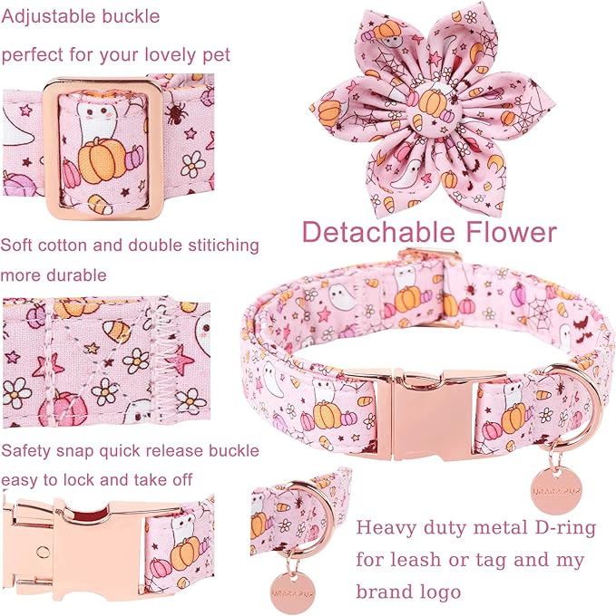 Halloween Dog Collar With Flower, Pink Puppy Collar With Adjustable Metal Buckle, Fancy Bowtie Gift for Girl Boy Dog, M
