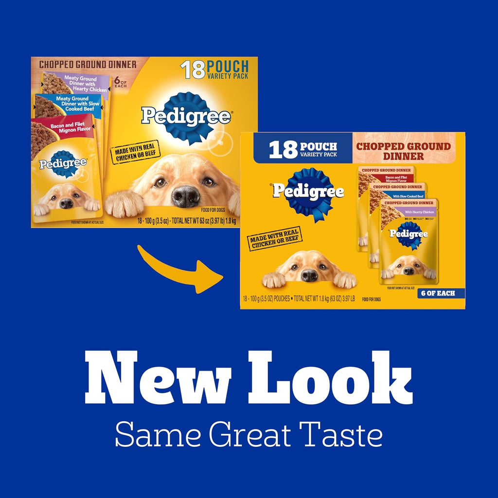 Pedigree Chopped Dinner Wet Dog Food Pouch, Variety Pack, 3.5 oz, 18 Count | Chicken, Beef, Bacon & Filet Mignon, no added sugar, no artificial flavors, serve as topper or complete meal, steam cooked