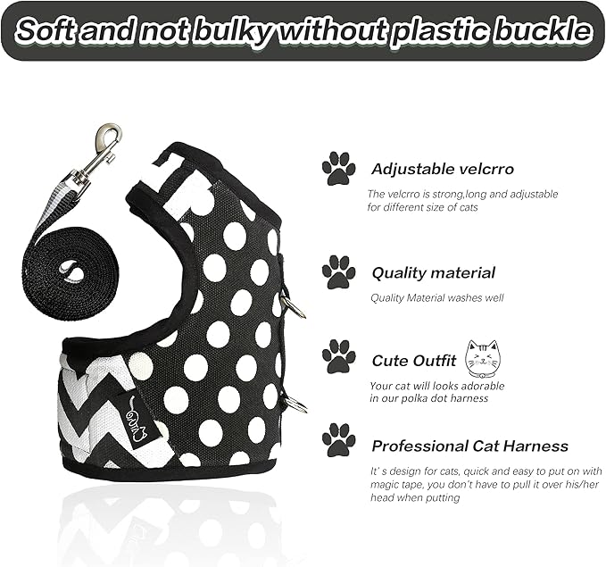 Cat Harness and Leash for Walking Escape Proof, Adjustable Cat Vest Harness, Padded Stylish Cat Walking Jackets, Polka Dot Black, Medium