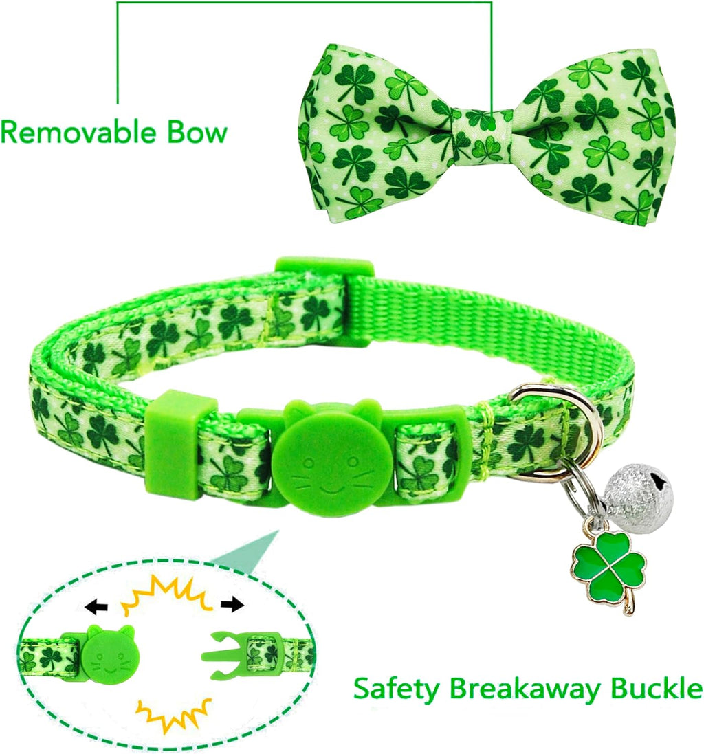 St. Patrick’s Day Cat Collar Set 2Pack Adjustable Breakaway Cat Collars with Bow Tie & Bell, Green Four-Leaf Clover Kitty Collars for Holiday Costume, Safe & Comfortable for Cats and Kittens