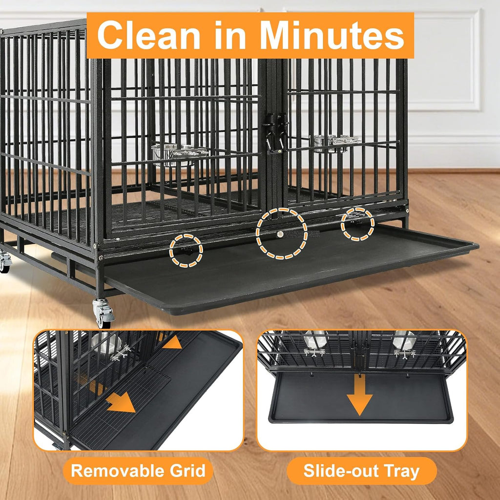 Homey Pet 43" Double Dog Crate, Heavy Duty Stackable Kennel with Divider | Drop Cage for Dogs with Dual Doors, Auto Locks, Bowls, Removable Tray, for Small & Medium Dogs, Breeders and Multi-dog Homes