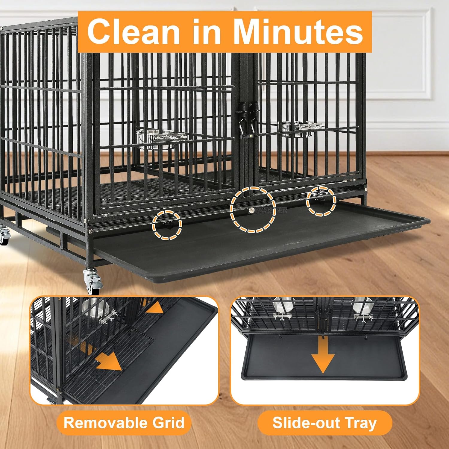 Homey Pet 43" Double Dog Crate, Heavy Duty Stackable Kennel with Divider | Drop Cage for Dogs with Dual Doors, Auto Locks, Bowls, Removable Tray, for Small & Medium Dogs, Breeders and Multi-dog Homes