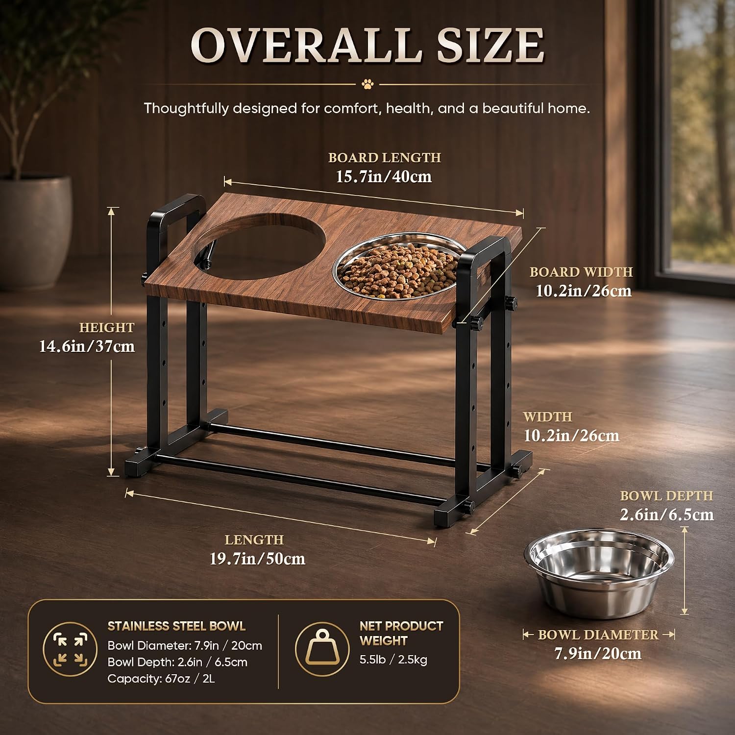 Elevated Dog Bowls, Angle&Height Adjustable, 2L Stainless Steel Bowls | Tilted Platform (0°, 7.5°, 15°) Dog Bowl Stand, Stable & Sturdy Metal Raised Dog Feeding Station, For Large Medium Small Dogs