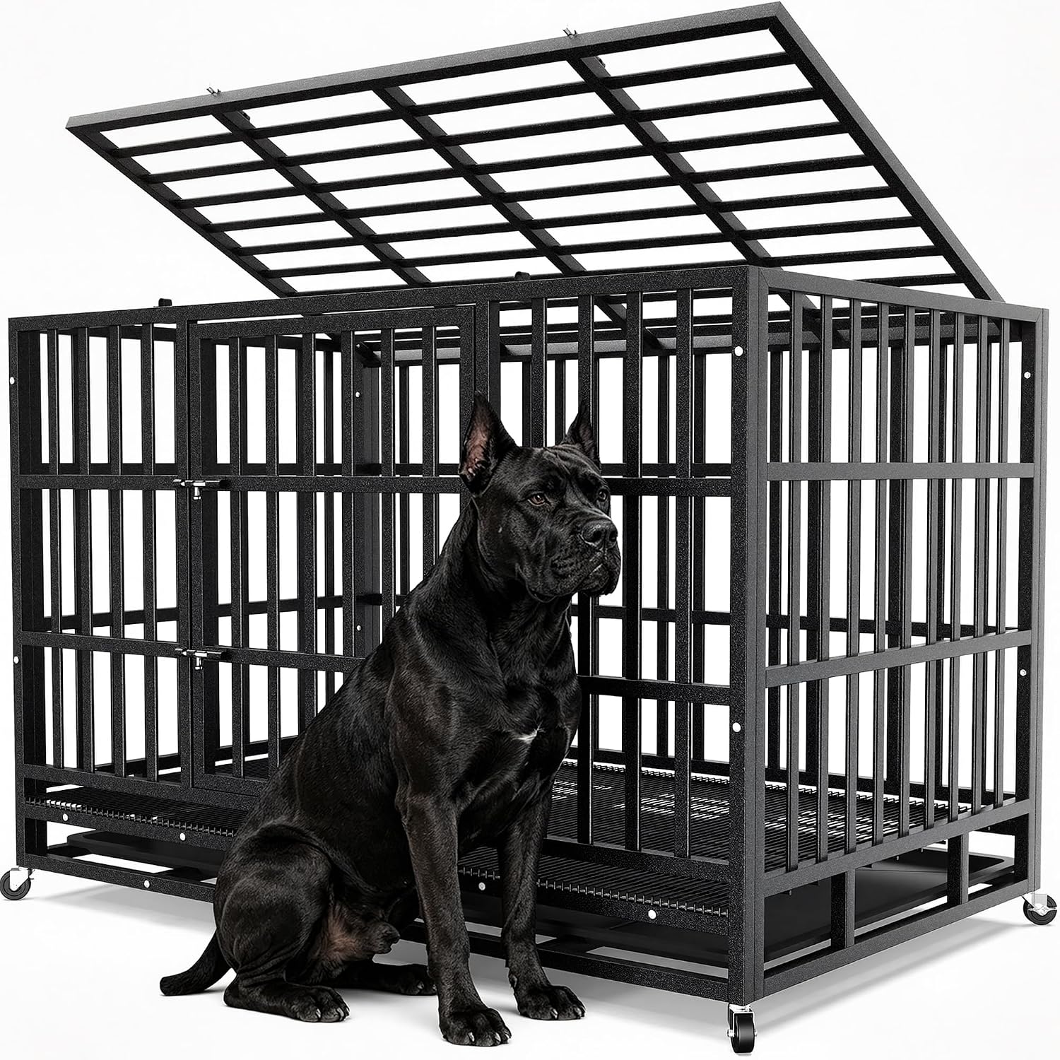 Hiwokk 48 Inch Heavy Duty Dog Crate, Indestructible Kennel for Large Dogs | 38-96" for Small to All Breeds Dogs | Escape Proof Latch | Removable Tray | Chew-Proof Steel | Lockable Wheels | Easy-Clean