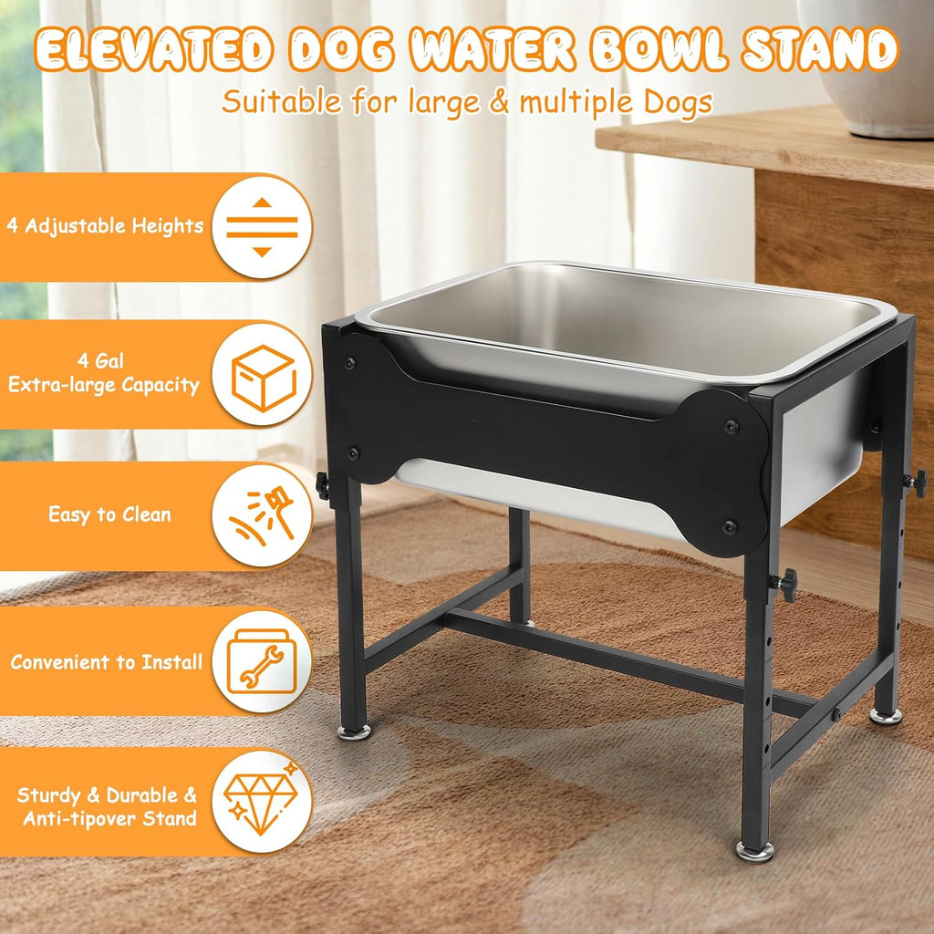 BWOGUE 4 Gal Elevated Dog Water Bowl, Stainless Steel Bowl for Large Dogs | Elevated Water Bowl for Dogs, Raised Dog Water Bowl, 4 Heights 9/11/13/15 in, Non-Slip Base, XL Breeds, Joint Pressure Relief